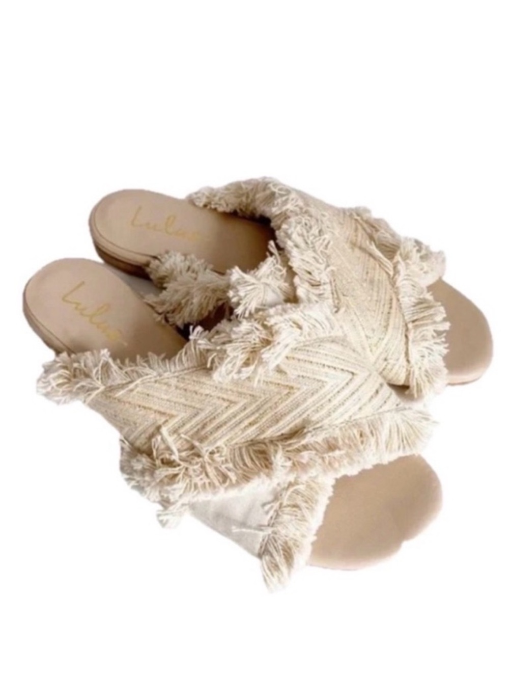 Lulus Finlee Cream and Gold Fringe Slide Sandals. Size 8
